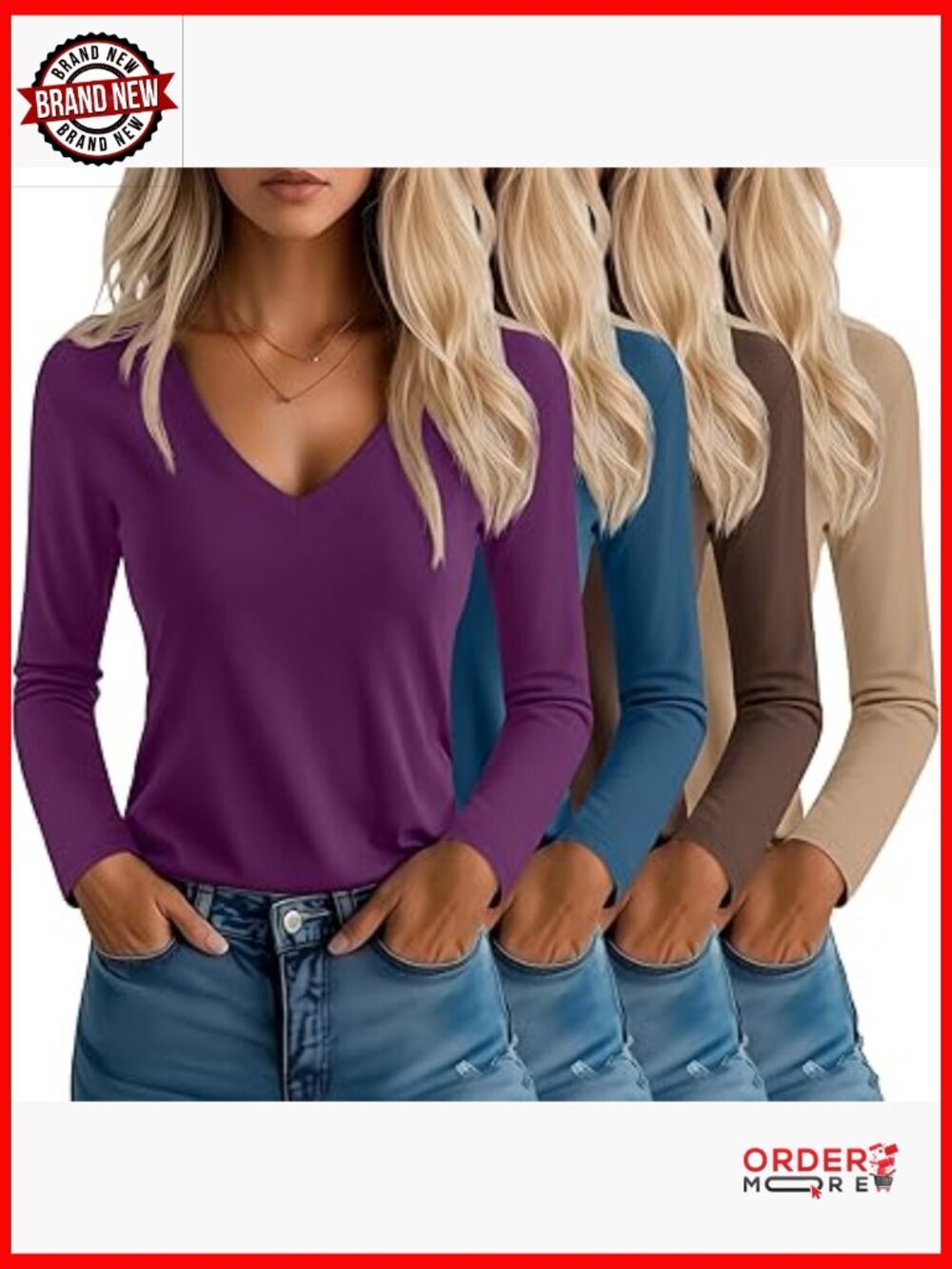 4 Pack Long Sleeve V-Neck Tees Loose Fit Layering Tops